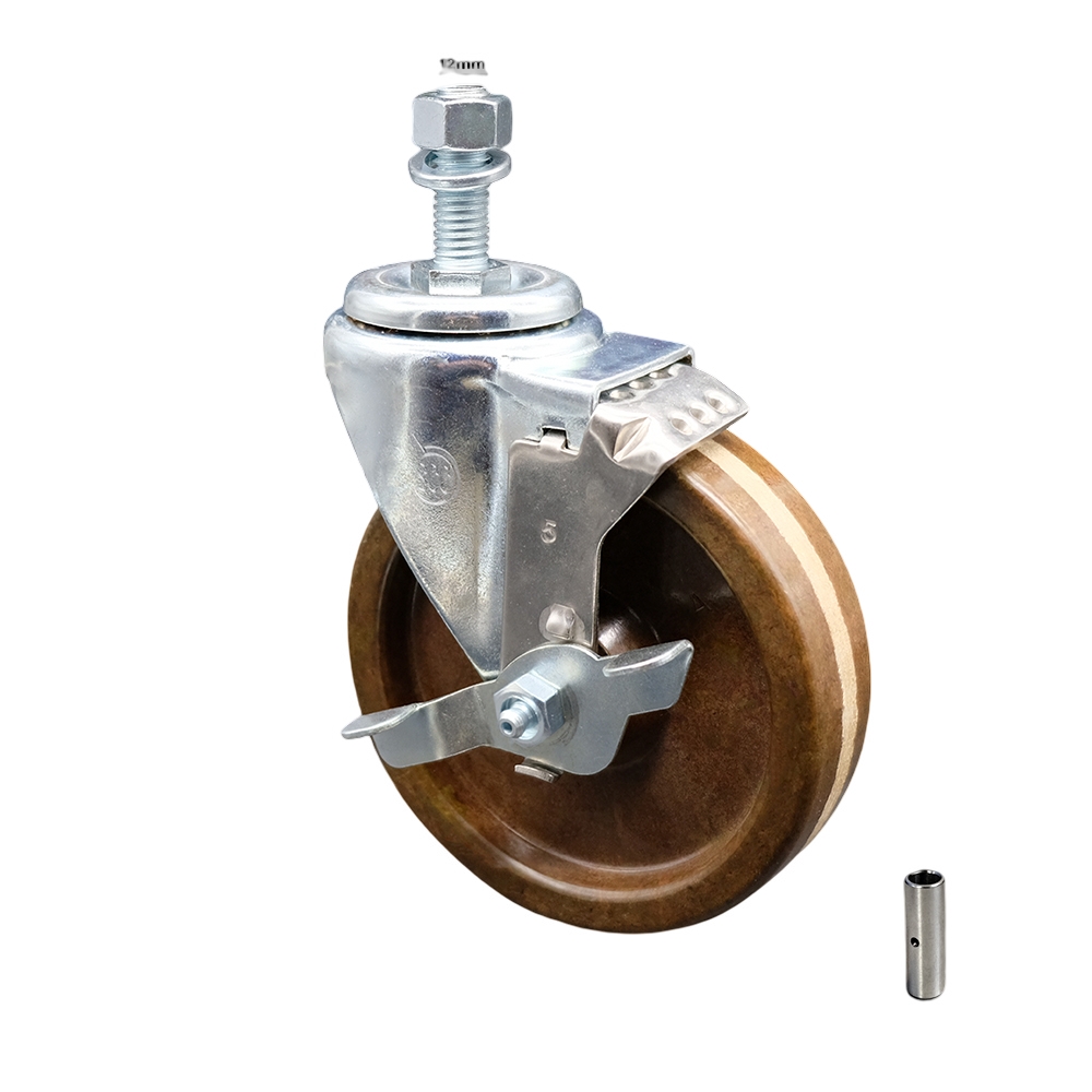 Stainless Steel High Temp Phenolic Swivel Threaded Stem Caster w/5" x 1.25" Brown Wheel and 12MM Metric Stem & Top Locking Brake - 300 lbs Capacity/Caster - Service Caster Brand — photo 1