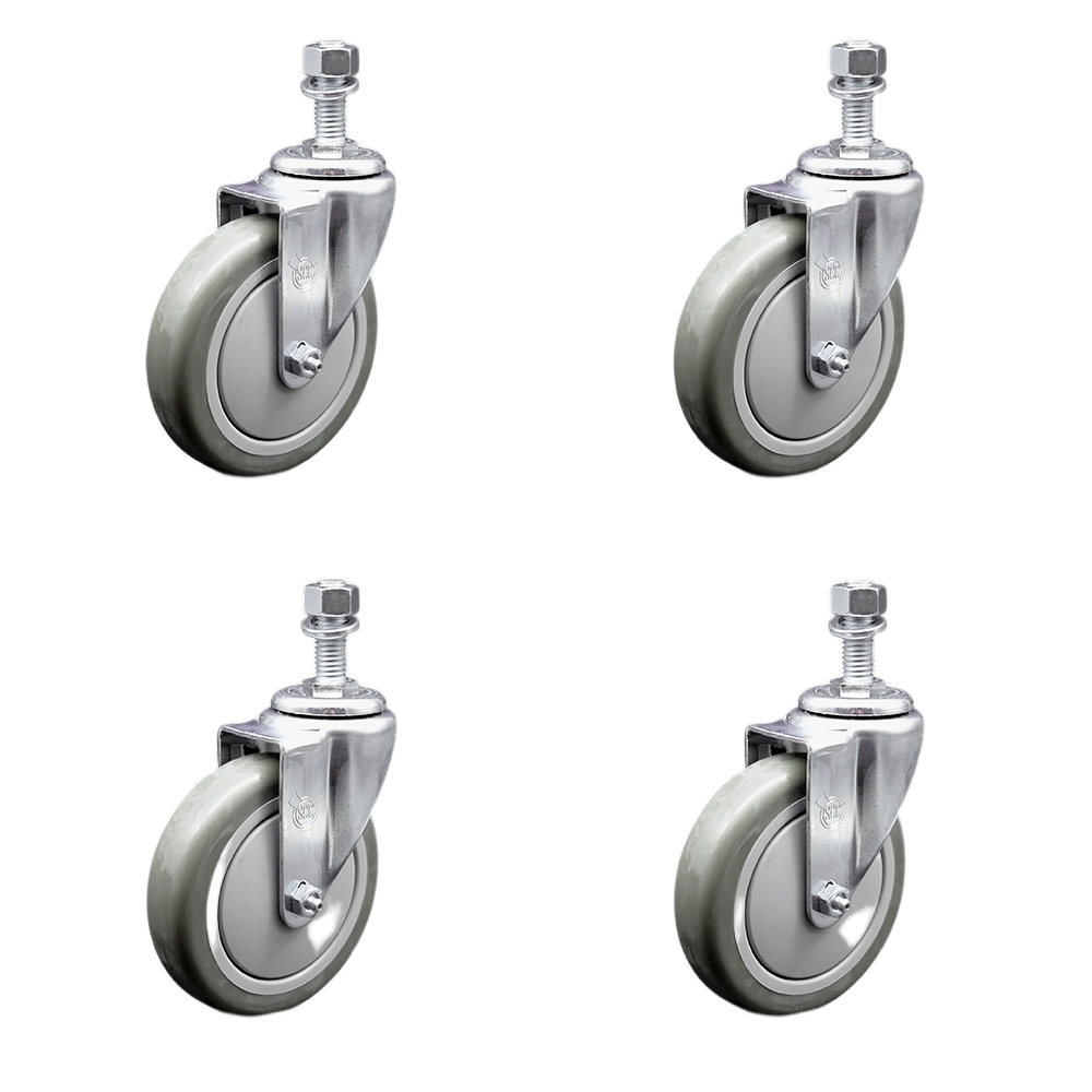 Stainless Steel Polyurethane Swivel Threaded Stem Caster Set of 4 w/5" x 1.25" Gray Wheels and 1/2" Stems - Includes 4 Swivel - 1400 lbs Total Capacity - Service Caster Brand — photo 1