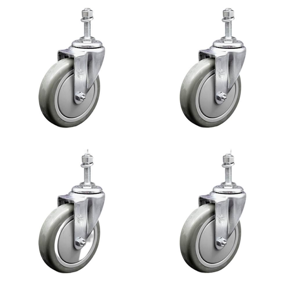 Stainless Steel Polyurethane Swivel Threaded Stem Caster Set of 4 w/5" x 1.25" Gray Wheels and 3/8" Stems - Includes 4 Swivel - 1400 lbs Total Capacity - Service Caster Brand — photo 1