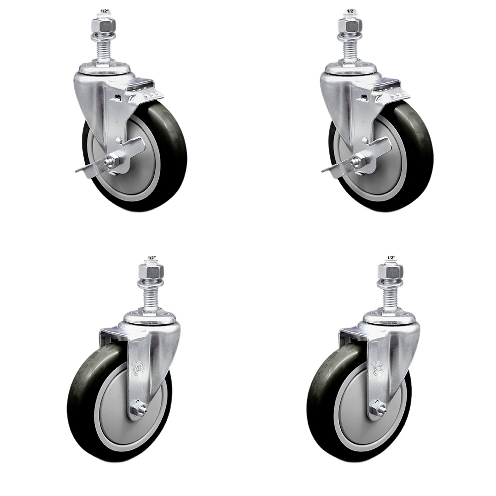 Stainless Steel Polyurethane Swivel Threaded Stem Caster Set of 4 w/5" x 1.25" Black Wheels and 1/2" Stems - Includes 2 with Top Locking Brake - 1400 lbs Total Capacity - Service Caster Brand — photo 1
