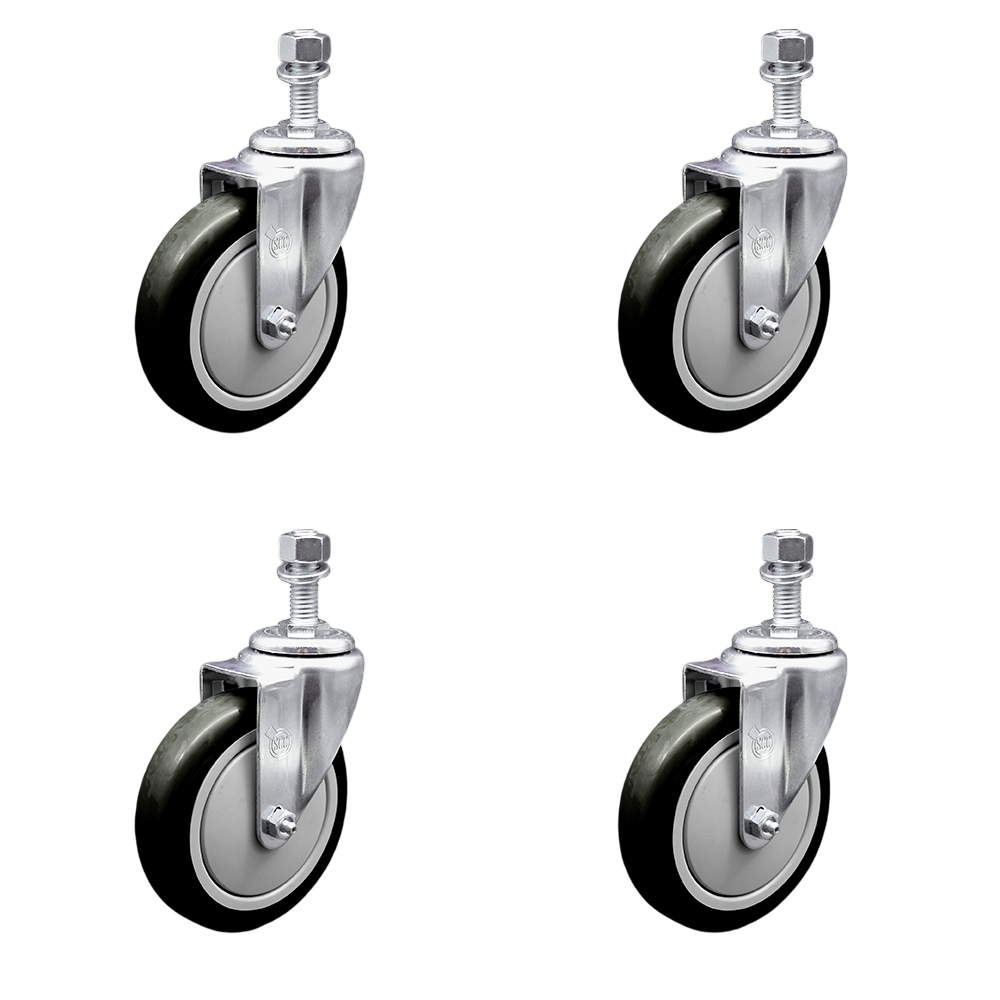 Stainless Steel Polyurethane Swivel Threaded Stem Caster Set of 4 w/5" x 1.25" Black Wheels and 1/2" Stems - Includes 4 Swivel - 1400 lbs Total Capacity - Service Caster Brand — photo 1