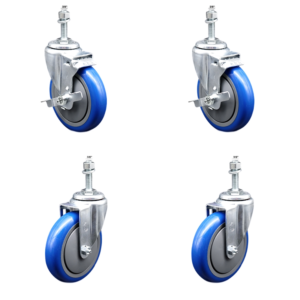 Stainless Steel Polyurethane Swivel Threaded Stem Caster Set of 4 w/5" x 1.25" Blue Wheels and 3/8" Stems - Includes 2 with Top Locking Brake - 1400 lbs Total Capacity - Service Caster Brand — photo 1