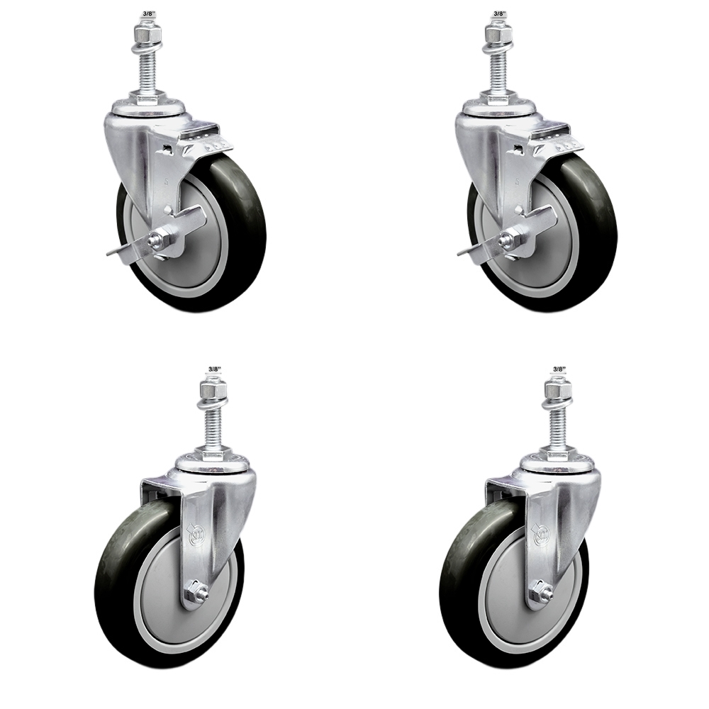 Stainless Steel Polyurethane Swivel Threaded Stem Caster Set of 4 w/5" x 1.25" Black Wheels and 3/8" Stems - Includes 2 with Top Locking Brake - 1400 lbs Total Capacity - Service Caster Brand — photo 1