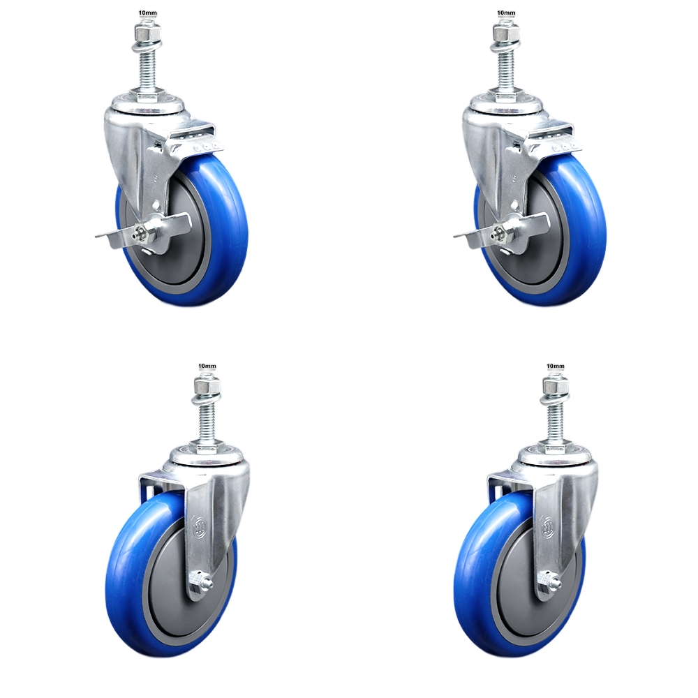 Stainless Steel Polyurethane Swivel Threaded Stem Caster Set of 4 w/5" x 1.25" Blue Wheels and 10mm Stems - Includes 2 with Top Locking Brake - 1400 lbs Total Capacity - Service Caster Brand — photo 1