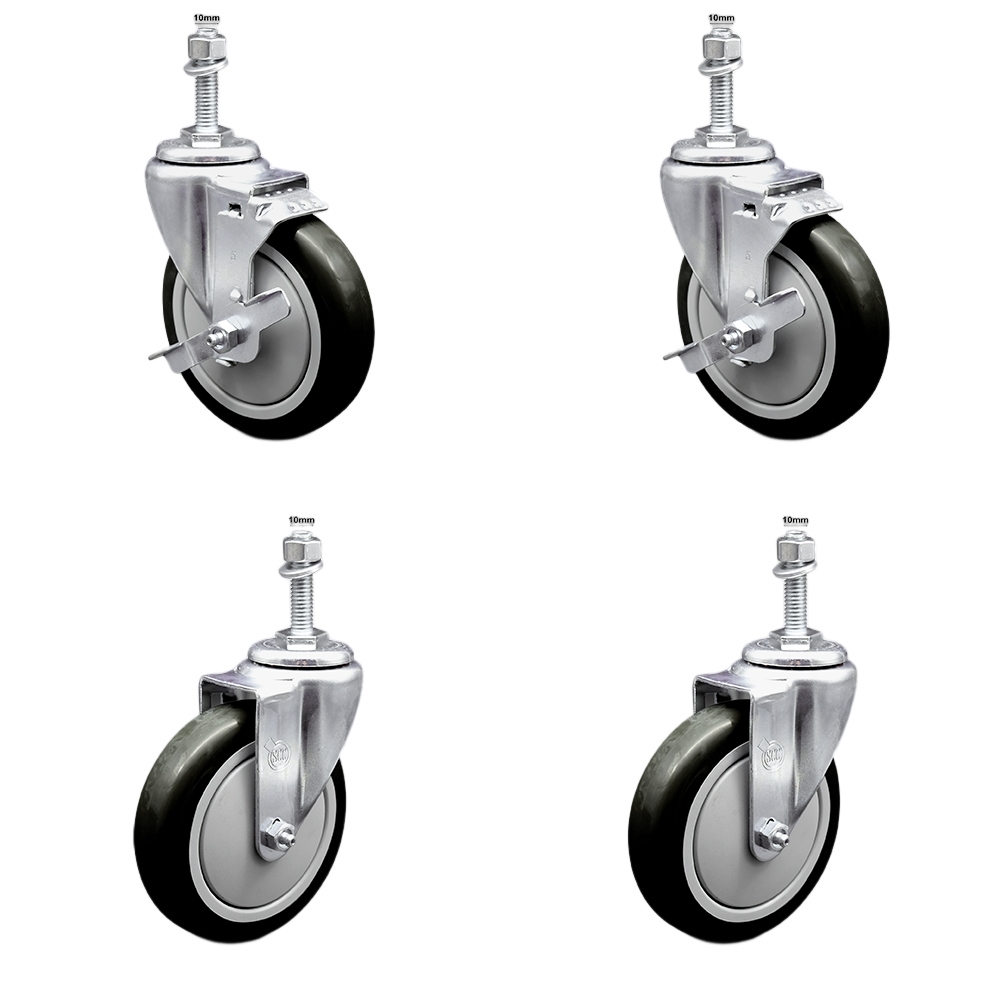 Stainless Steel Polyurethane Swivel Threaded Stem Caster Set of 4 w/5" x 1.25" Black Wheels and 10mm Stems - Includes 2 with Top Locking Brake - 1400 lbs Total Capacity - Service Caster Brand — photo 1