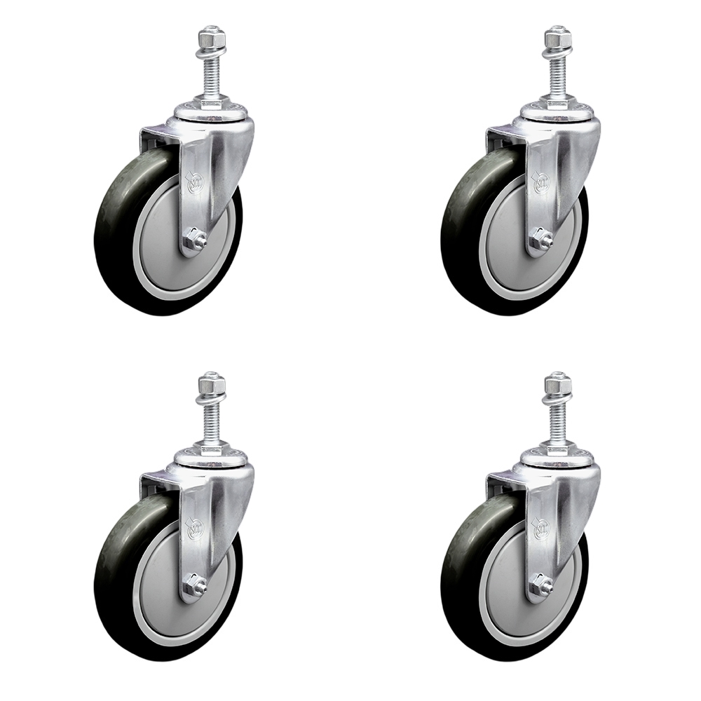 Stainless Steel Polyurethane Swivel Threaded Stem Caster Set of 4 w/5" x 1.25" Black Wheels and 10mm Stems - Includes 4 Swivel - 1400 lbs Total Capacity - Service Caster Brand — photo 1