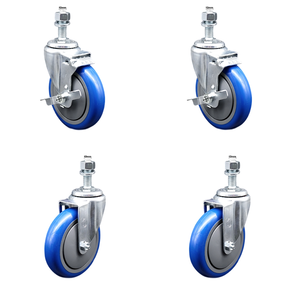 Stainless Steel Polyurethane Swivel Threaded Stem Caster Set of 4 w/5" x 1.25" Blue Wheels and 12mm Stems - Includes 2 with Top Locking Brake - 1400 lbs Total Capacity - Service Caster Brand — photo 1