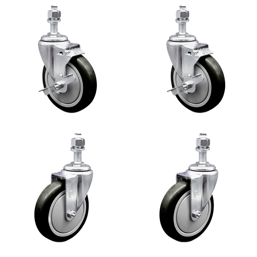 Stainless Steel Polyurethane Swivel Threaded Stem Caster Set of 4 w/5" x 1.25" Black Wheels and 12mm Stems - Includes 2 with Top Locking Brake - 1400 lbs Total Capacity - Service Caster Brand — photo 1