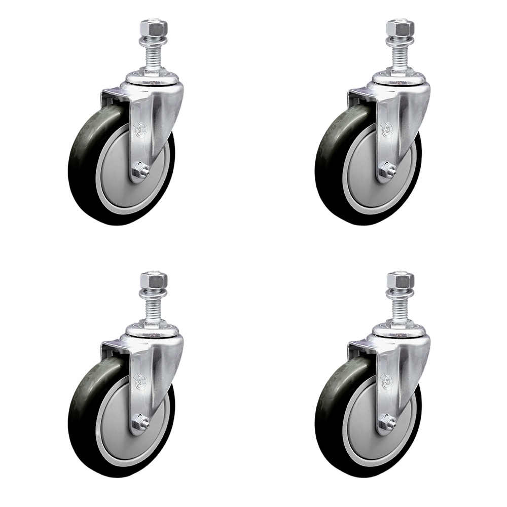 Stainless Steel Polyurethane Swivel Threaded Stem Caster Set of 4 w/5" x 1.25" Black Wheels and 12mm Stems - Includes 4 Swivel - 1400 lbs Total Capacity - Service Caster Brand — photo 1