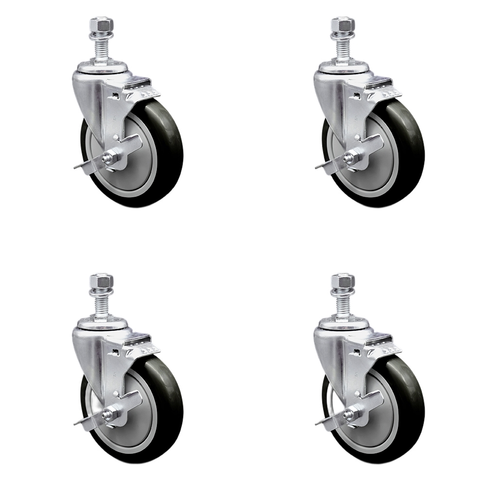Stainless Steel Polyurethane Swivel Threaded Stem Caster Set of 4 w/5" x 1.25" Black Wheels and 1/2" Stems - Includes 4 with Top Lock Brakes - 1400 lbs Total Capacity - Service Caster Brand — photo 1