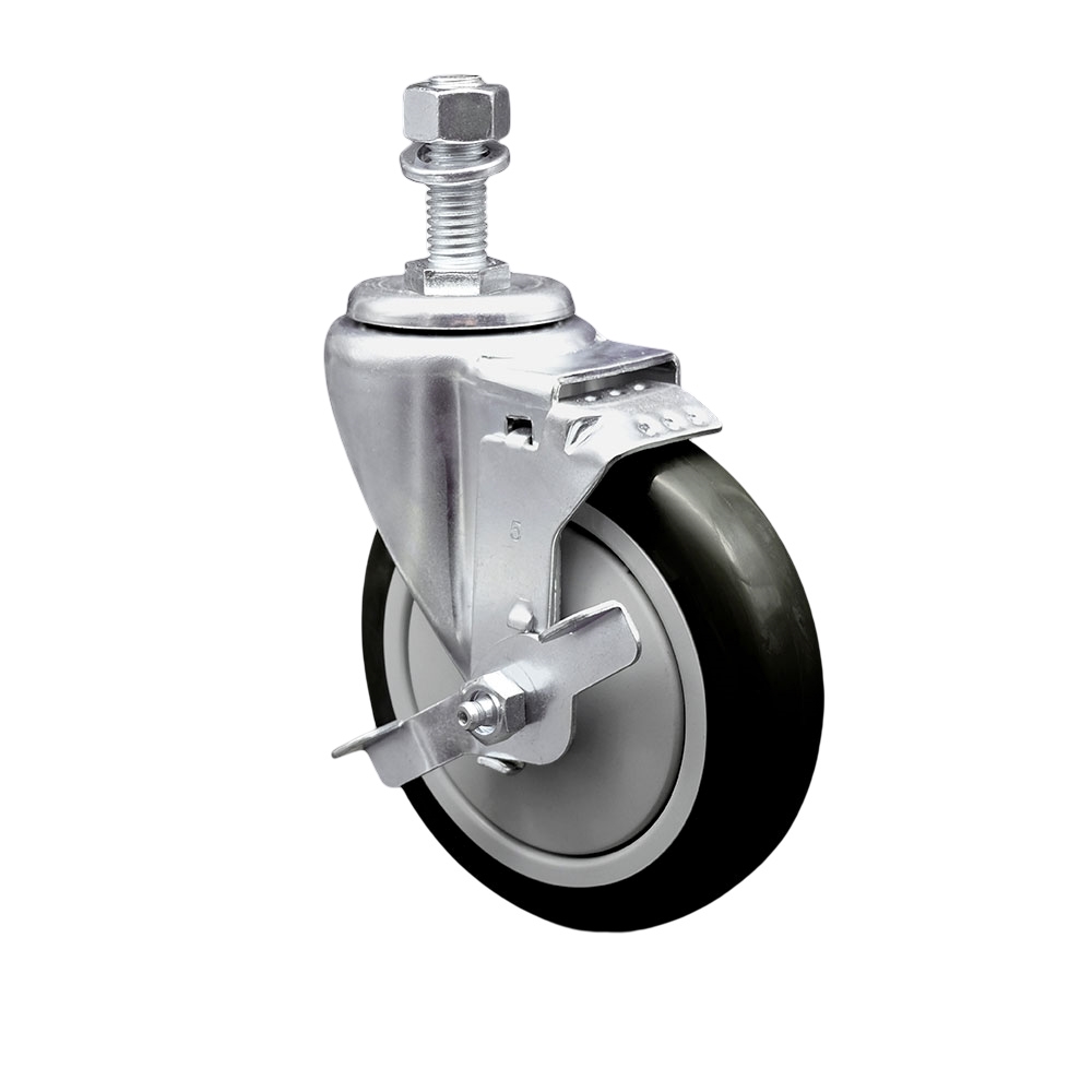 Stainless Steel Polyurethane Swivel Threaded Stem Caster w/5" x 1.25"  Black Wheel and 1/2" Stem & Top Locking Brake - 350 lbs Capacity/Caster - Service Caster Brand — photo 1