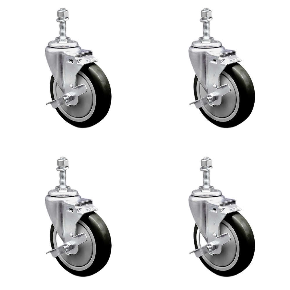 Stainless Steel Polyurethane Swivel Threaded Stem Caster Set of 4 w/5" x 1.25" Black Wheels and 3/8" Stems - Includes 4 with Top Lock Brakes - 1400 lbs Total Capacity - Service Caster Brand — photo 1