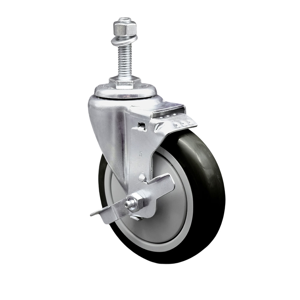 Stainless Steel Polyurethane Swivel Threaded Stem Caster w/5" x 1.25"  Black Wheel and 3/8" Stem & Top Locking Brake - 350 lbs Capacity/Caster - Service Caster Brand — photo 1
