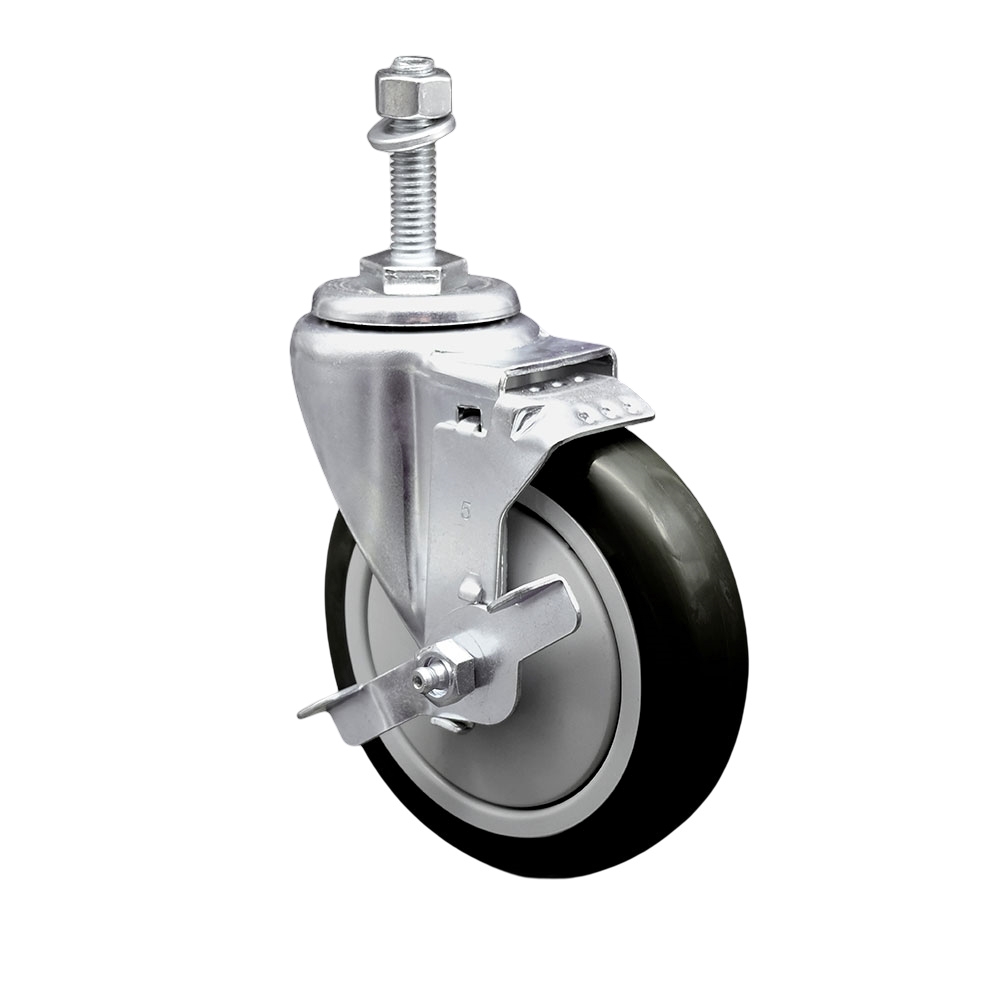 Stainless Steel Polyurethane Swivel Threaded Stem Caster w/5" x 1.25"  Black Wheel and 10mm Stem & Top Locking Brake - 350 lbs Capacity/Caster - Service Caster Brand — photo 1