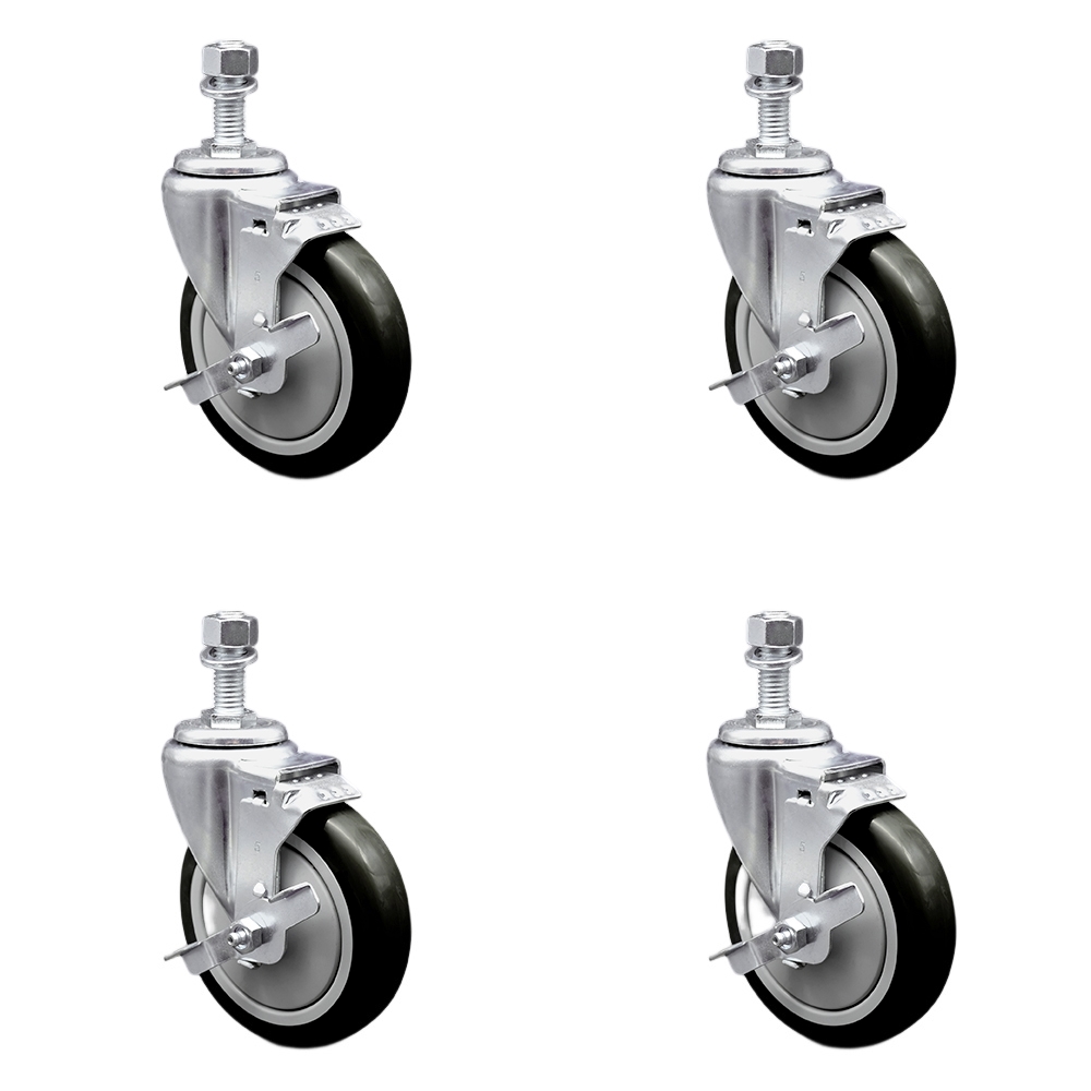 Stainless Steel Polyurethane Swivel Threaded Stem Caster Set of 4 w/5" x 1.25" Black Wheels and 12mm Stems - Includes 4 with Top Lock Brakes - 1400 lbs Total Capacity - Service Caster Brand — photo 1