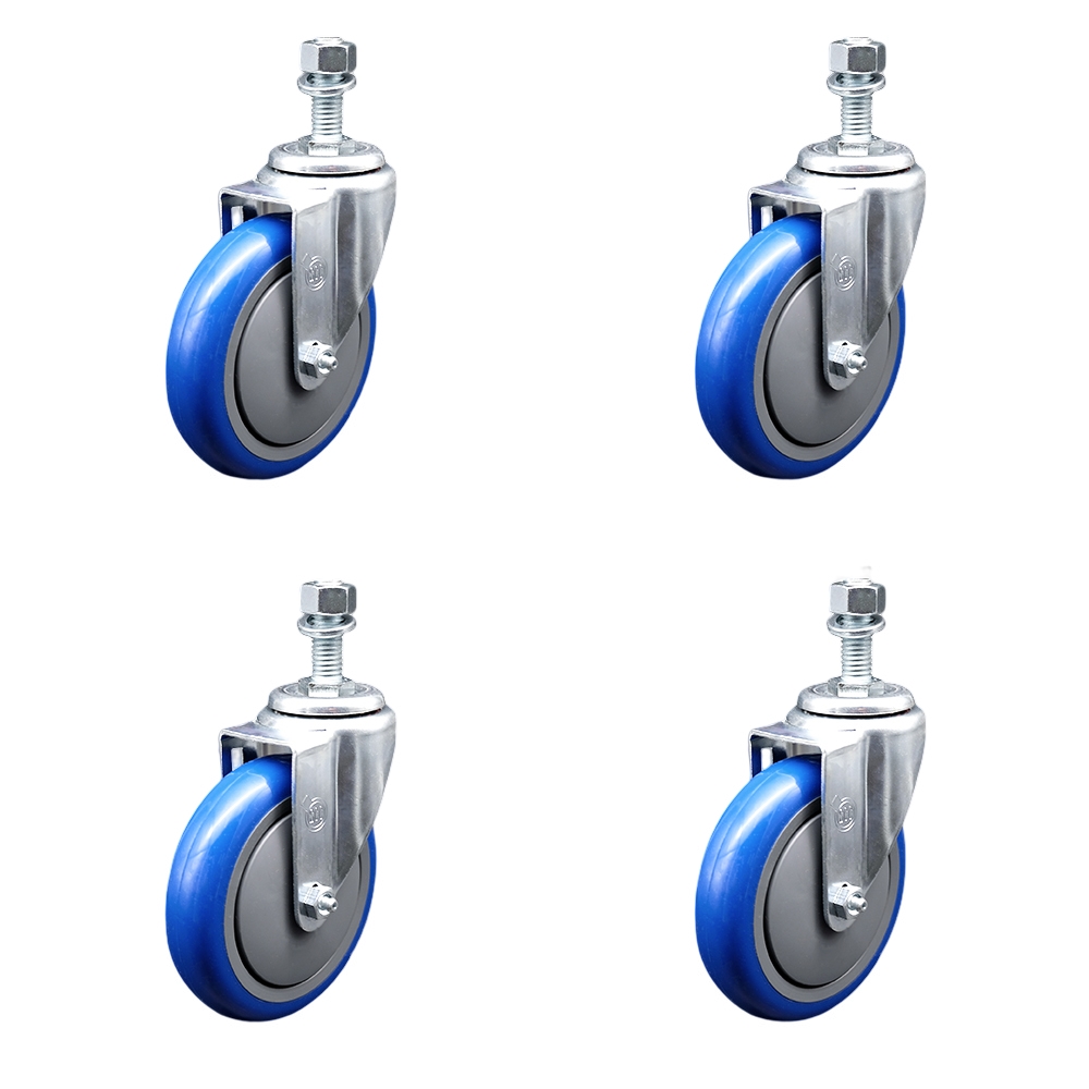 Stainless Steel Polyurethane Swivel Threaded Stem Caster Set of 4 w/5" x 1.25" Blue Wheels and 1/2" Stems - Includes 4 Swivel - 1400 lbs Total Capacity - Service Caster Brand — photo 1