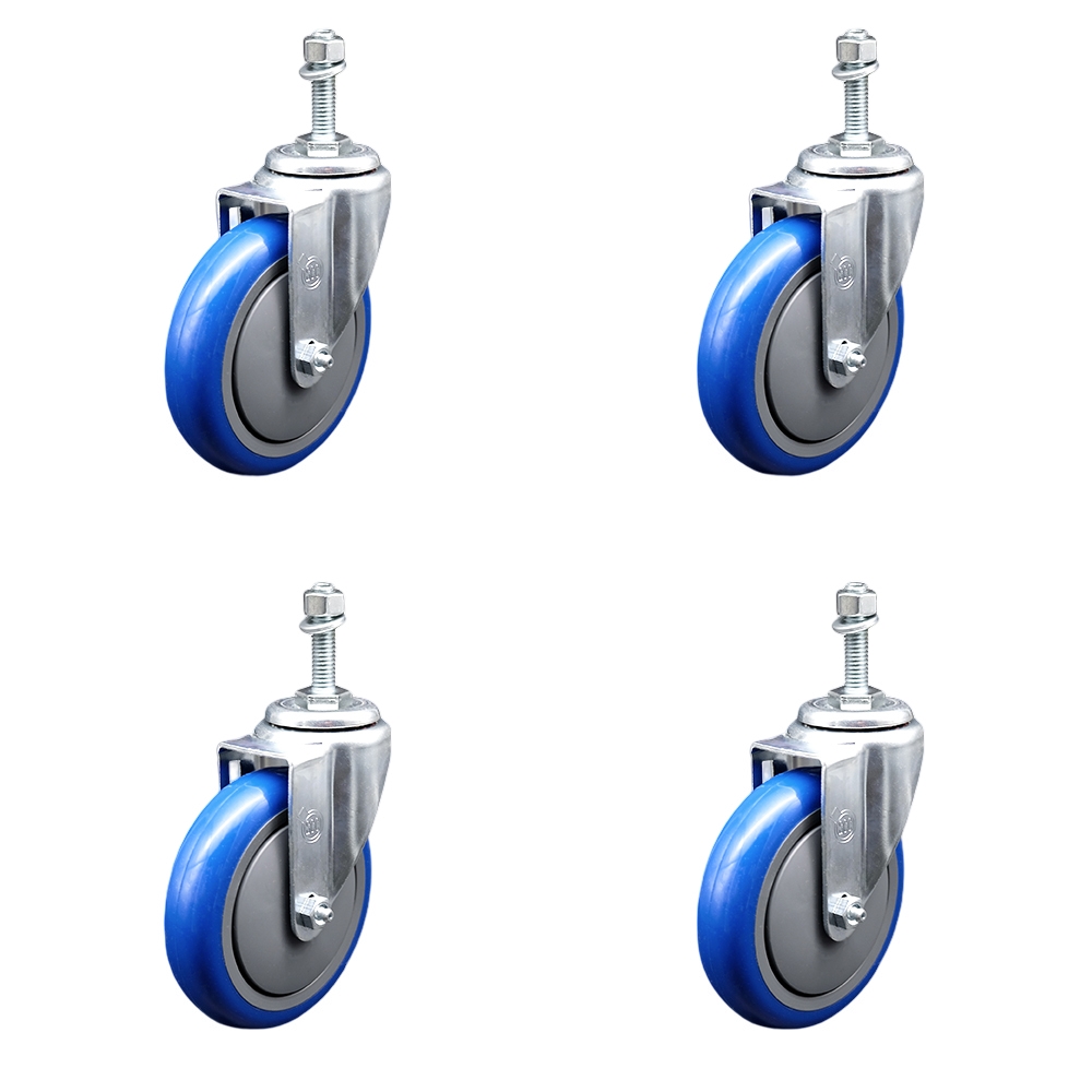 Stainless Steel Polyurethane Swivel Threaded Stem Caster Set of 4 w/5" x 1.25" Blue Wheels and 3/8" Stems - Includes 4 Swivel - 1400 lbs Total Capacity - Service Caster Brand — photo 1