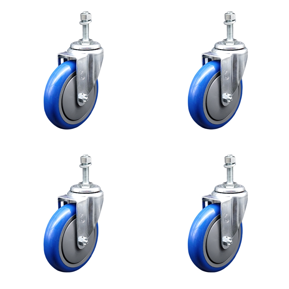 Stainless Steel Polyurethane Swivel Threaded Stem Caster Set of 4 w/5" x 1.25" Blue Wheels and 10mm Stems - Includes 4 Swivel - 1400 lbs Total Capacity - Service Caster Brand — photo 1