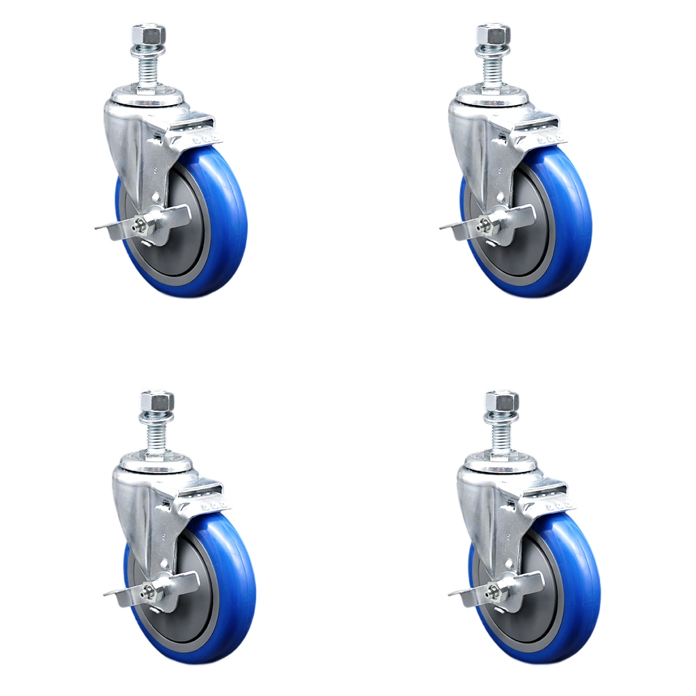 Stainless Steel Polyurethane Swivel Threaded Stem Caster Set of 4 w/5" x 1.25" Blue Wheels and 1/2" Stems - Includes 4 with Top Lock Brakes - 1400 lbs Total Capacity - Service Caster Brand — photo 1