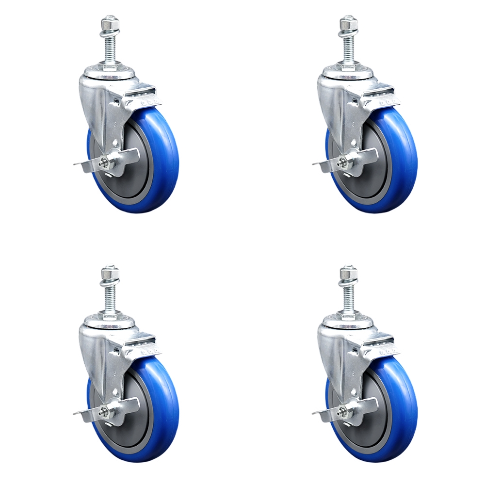 Stainless Steel Polyurethane Swivel Threaded Stem Caster Set of 4 w/5" x 1.25" Blue Wheels and 3/8" Stems - Includes 4 with Top Lock Brakes - 1400 lbs Total Capacity - Service Caster Brand — photo 1