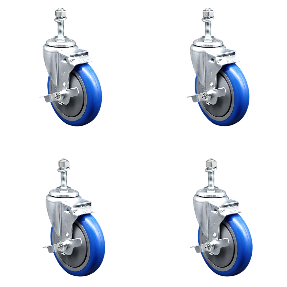 Stainless Steel Polyurethane Swivel Threaded Stem Caster Set of 4 w/5" x 1.25" Blue Wheels and 10mm Stems - Includes 4 with Top Lock Brakes - 1400 lbs Total Capacity - Service Caster Brand — photo 1