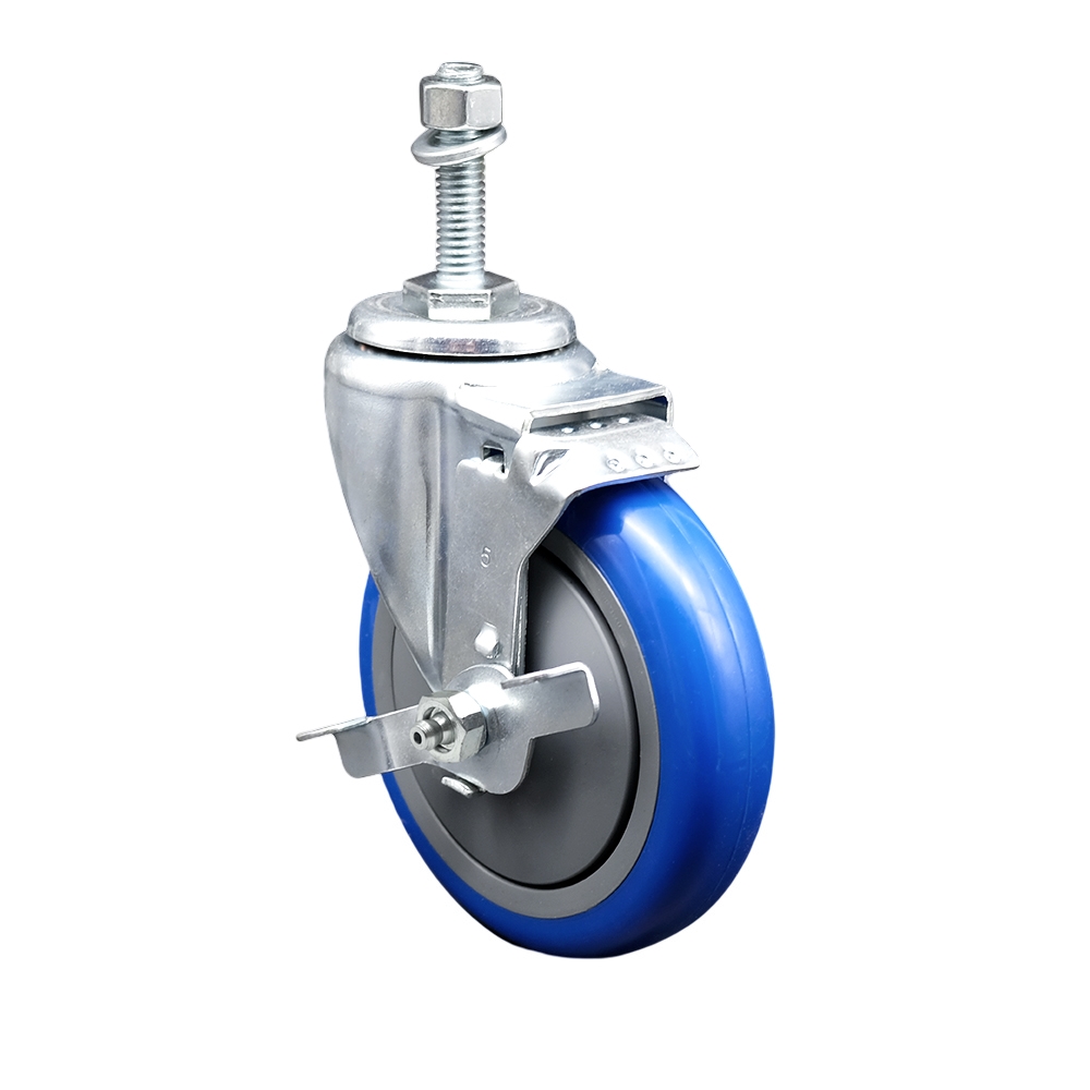 Stainless Steel Polyurethane Swivel Threaded Stem Caster w/5" x 1.25"  Blue Wheel and 10mm Stem & Top Locking Brake - 350 lbs Capacity/Caster - Service Caster Brand — photo 1