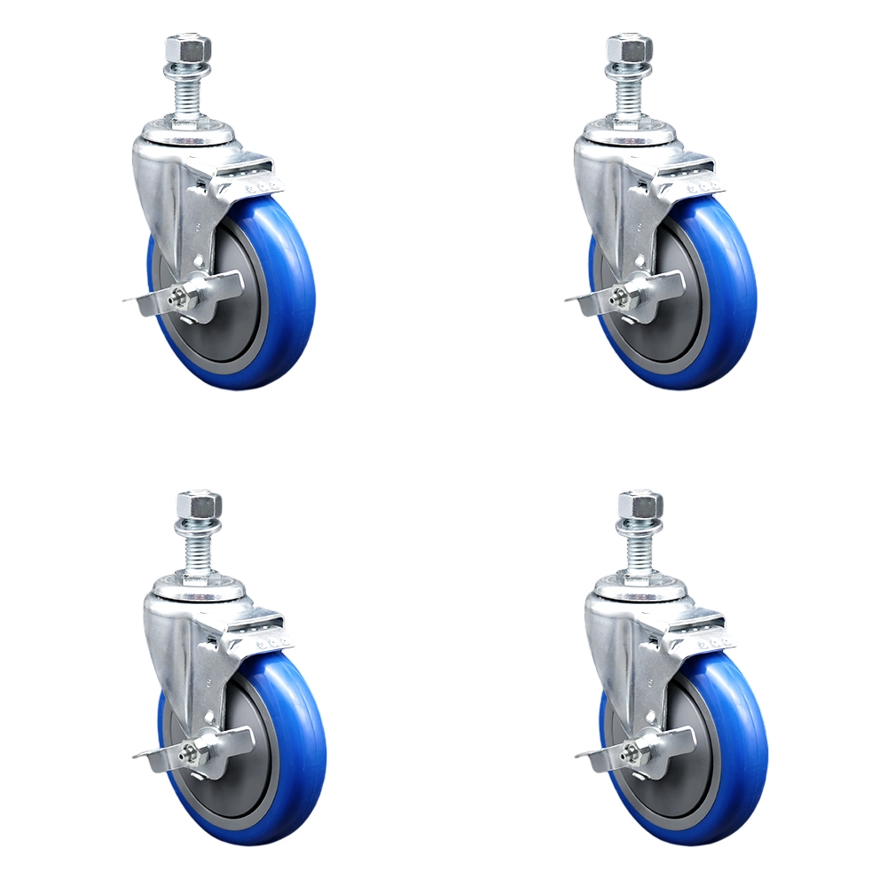 Stainless Steel Polyurethane Swivel Threaded Stem Caster Set of 4 w/5" x 1.25" Blue Wheels and 12mm Stems - Includes 4 with Top Lock Brakes - 1400 lbs Total Capacity - Service Caster Brand — photo 1