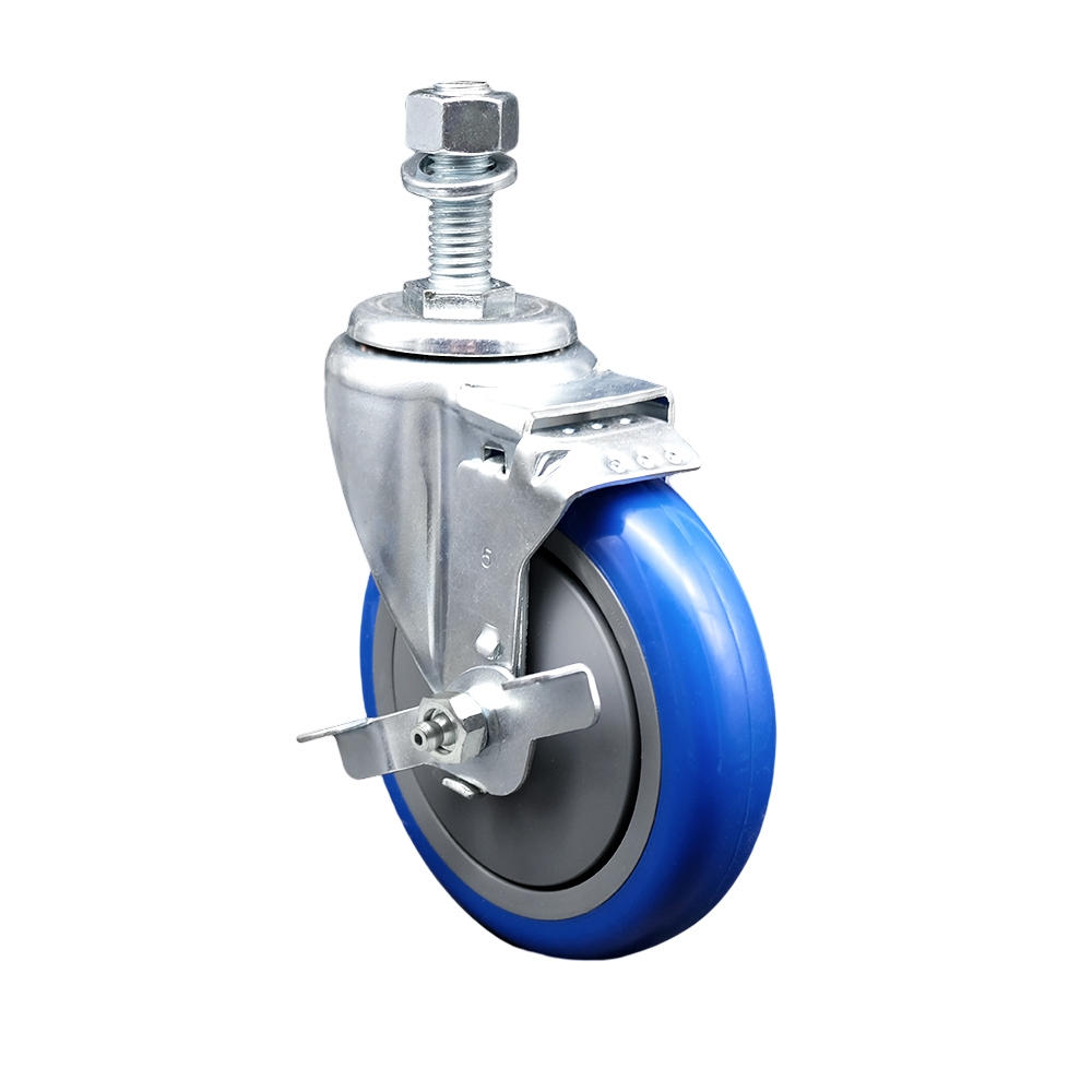 Stainless Steel Polyurethane Swivel Threaded Stem Caster w/5" x 1.25"  Blue Wheel and 12mm Stem & Top Locking Brake - 350 lbs Capacity/Caster - Service Caster Brand — photo 1