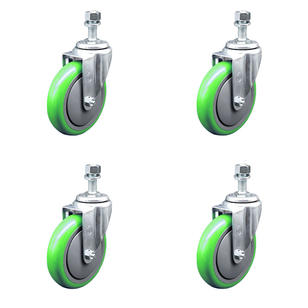 Stainless Steel Polyurethane Swivel Threaded Stem Caster Set of 4 w/5" x 1.25" Green Wheels and 1/2" Stems - Includes 4 Swivel - 1400 lbs Total Capacity - Service Caster Brand — photo 1