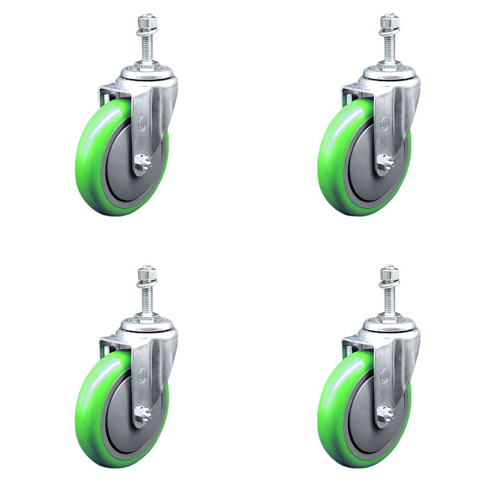 Stainless Steel Polyurethane Swivel Threaded Stem Caster Set of 4 w/5" x 1.25" Green Wheels and 3/8" Stems - Includes 4 Swivel - 1400 lbs Total Capacity - Service Caster Brand — photo 1