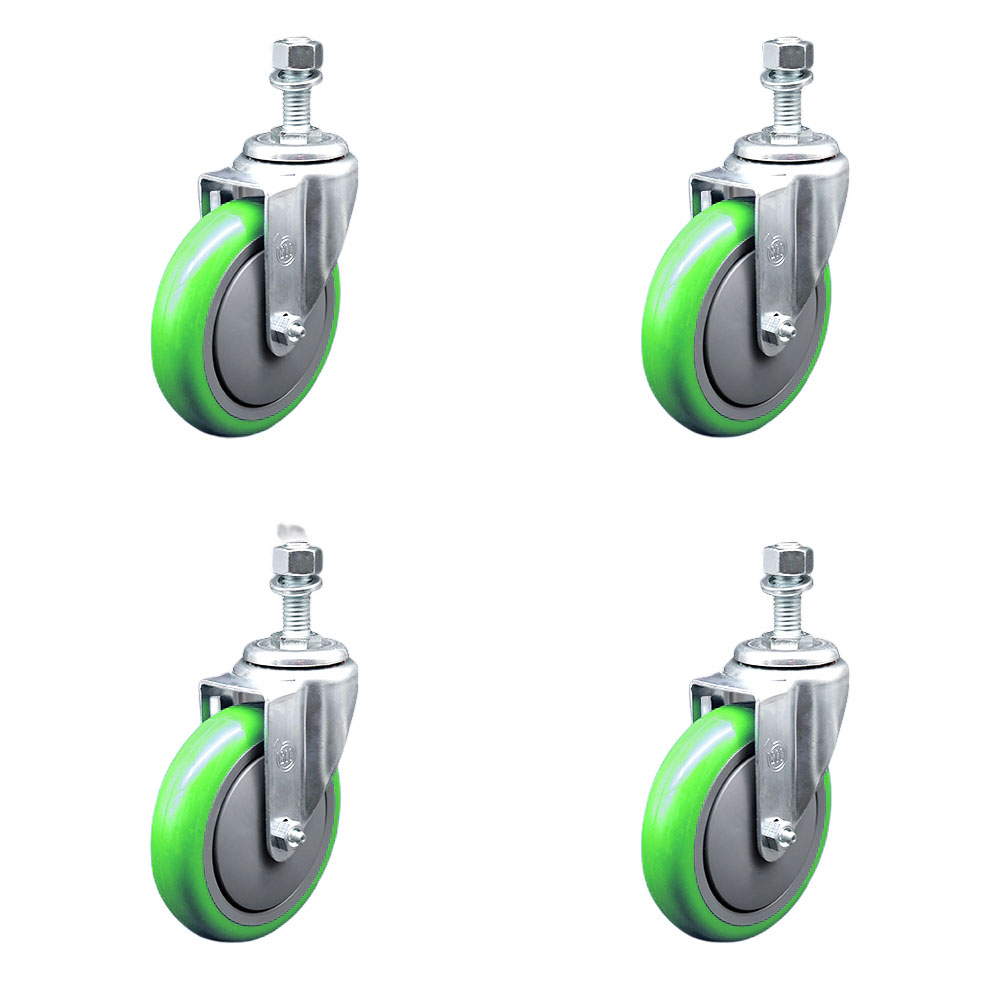 Stainless Steel Polyurethane Swivel Threaded Stem Caster Set of 4 w/5" x 1.25" Green Wheels and 12mm Stems - Includes 4 Swivel - 1400 lbs Total Capacity - Service Caster Brand — photo 1