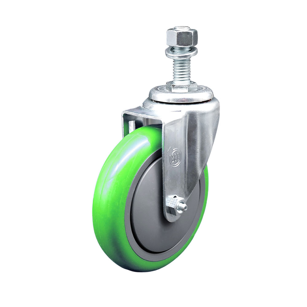 Stainless Steel Polyurethane Swivel Threaded Stem Caster w/5" x 1.25" Green Wheel and 12mm Stem - 350 lbs Capacity/Caster - Service Caster Brand — photo 1