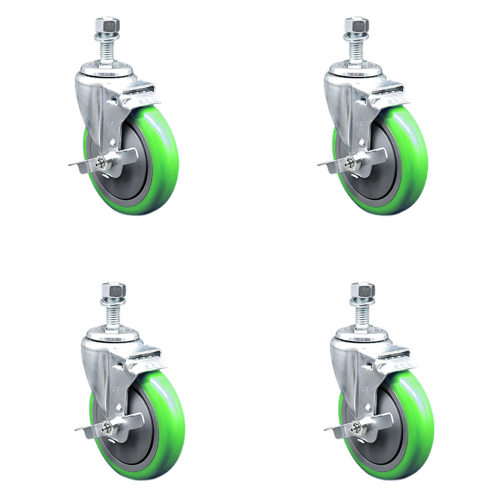 Stainless Steel Polyurethane Swivel Threaded Stem Caster Set of 4 w/5" x 1.25" Green Wheels and 1/2" Stems - Includes 4 with Top Lock Brakes - 1400 lbs Total Capacity - Service Caster Brand — photo 1