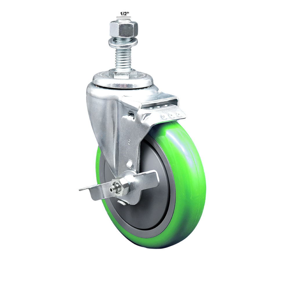 Stainless Steel Polyurethane Swivel Threaded Stem Caster w/5" x 1.25"  Green Wheel and 1/2" Stem & Top Locking Brake - 350 lbs Capacity/Caster - Service Caster Brand — photo 1