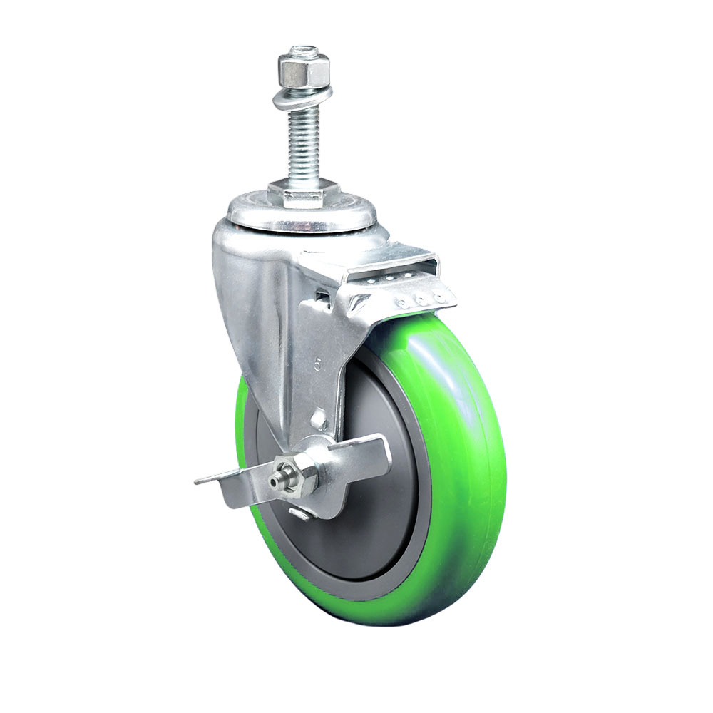 Stainless Steel Polyurethane Swivel Threaded Stem Caster w/5" x 1.25"  Green Wheel and 3/8" Stem & Top Locking Brake - 350 lbs Capacity/Caster - Service Caster Brand — photo 1