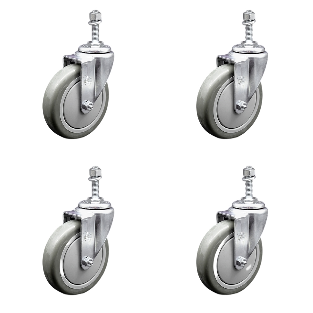 Stainless Steel Polyurethane Swivel Threaded Stem Caster Set of 4 w/5" x 1.25" Gray Wheels and 10mm Stems - Includes 4 Swivel - 1400 lbs Total Capacity - Service Caster Brand — photo 1