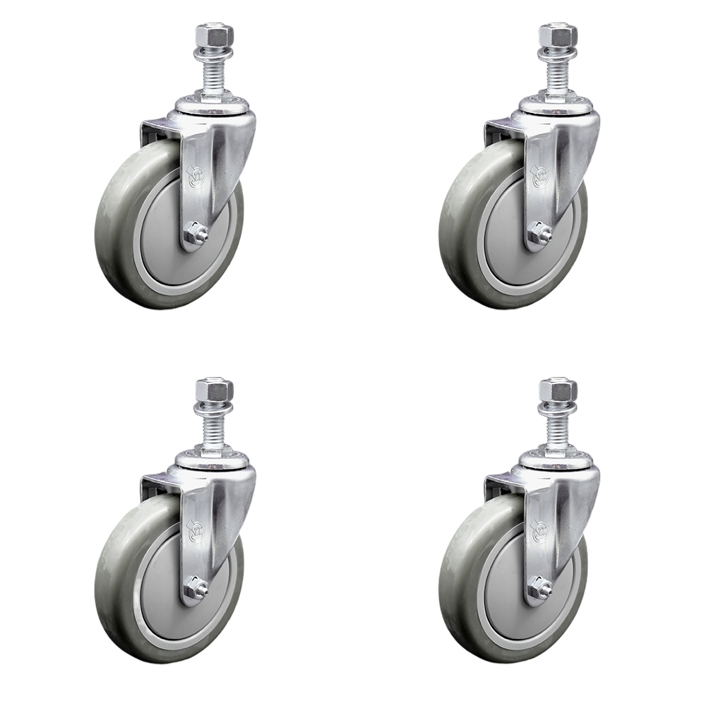 Stainless Steel Polyurethane Swivel Threaded Stem Caster Set of 4 w/5" x 1.25" Gray Wheels and 12mm Stems - Includes 4 Swivel - 1400 lbs Total Capacity - Service Caster Brand — photo 1