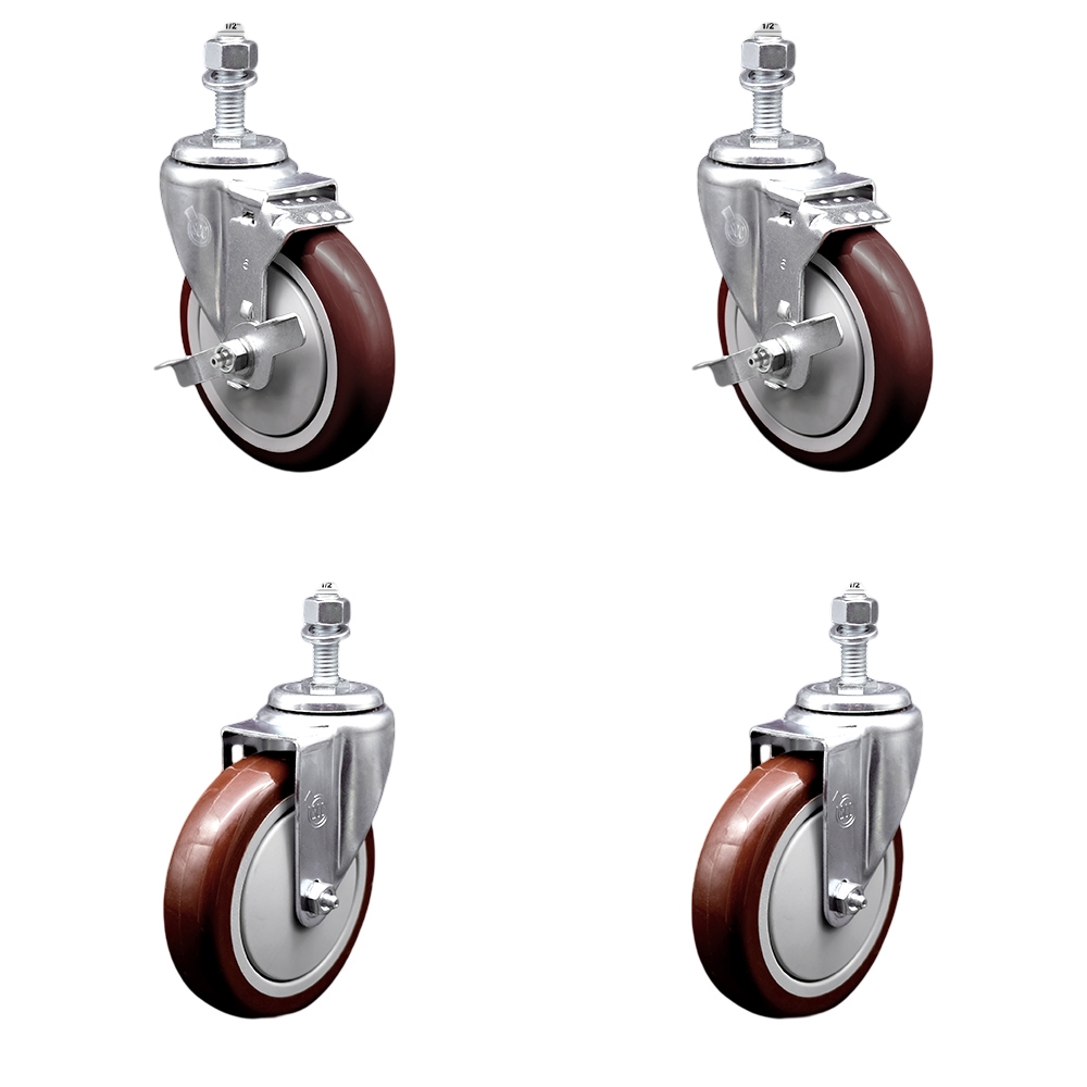 Stainless Steel Polyurethane Swivel Threaded Stem Caster Set of 4 w/5" x 1.25" Maroon Wheels and 1/2" Stems - Includes 2 with Top Locking Brake - 1400 lbs Total Capacity - Service Caster Brand — photo 1