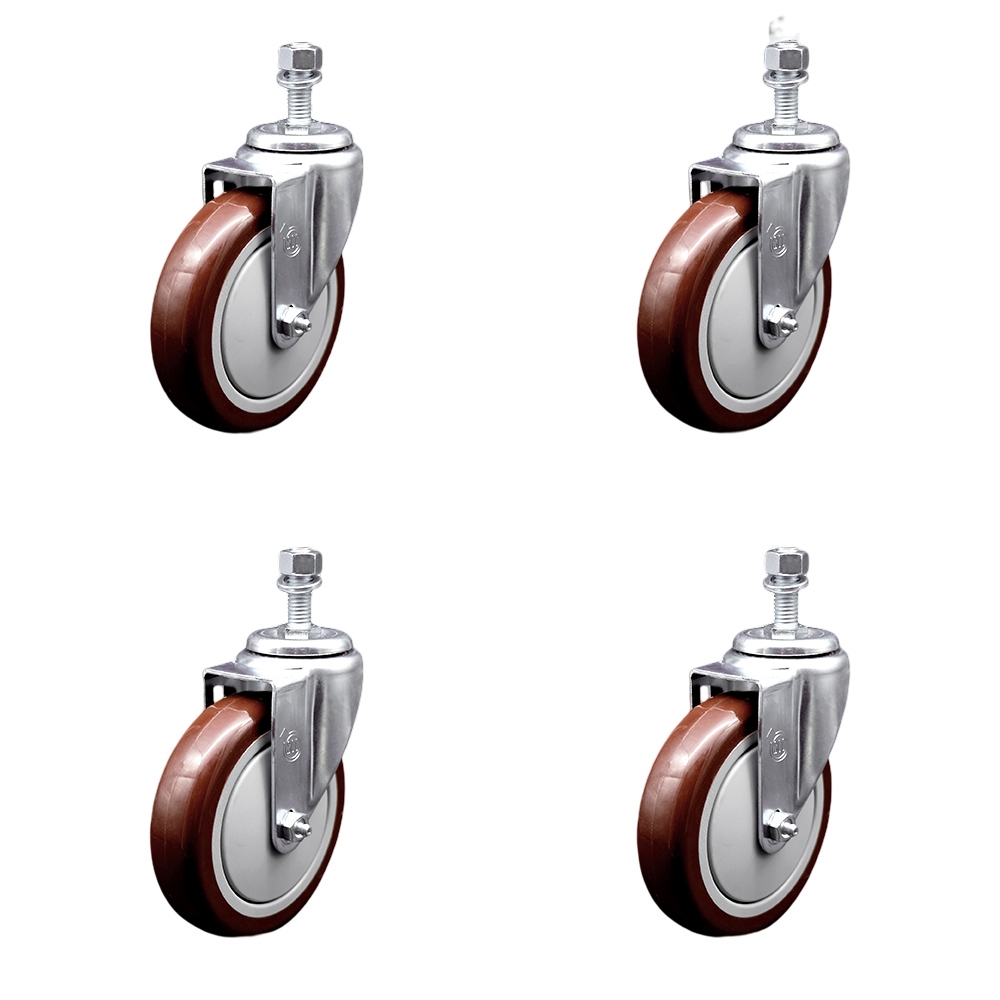 Stainless Steel Polyurethane Swivel Threaded Stem Caster Set of 4 w/5" x 1.25" Maroon Wheels and 1/2" Stems - Includes 4 Swivel - 1400 lbs Total Capacity - Service Caster Brand — photo 1