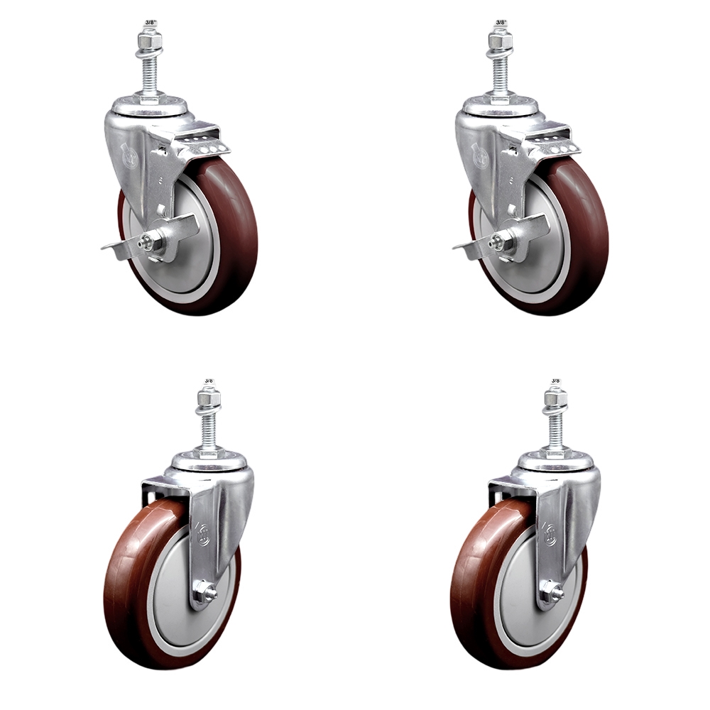 Stainless Steel Polyurethane Swivel Threaded Stem Caster Set of 4 w/5" x 1.25" Maroon Wheels and 3/8" Stems - Includes 2 with Top Locking Brake - 1400 lbs Total Capacity - Service Caster Brand — photo 1