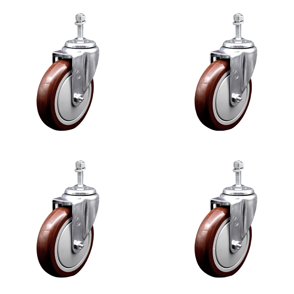 Stainless Steel Polyurethane Swivel Threaded Stem Caster Set of 4 w/5" x 1.25" Maroon Wheels and 3/8" Stems - Includes 4 Swivel - 1400 lbs Total Capacity - Service Caster Brand — photo 1