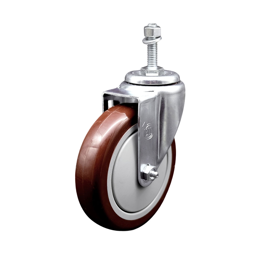 Stainless Steel Polyurethane Swivel Threaded Stem Caster w/5" x 1.25"  Maroon Wheel and 3/8" Stem - 350 lbs Capacity/Caster - Service Caster Brand — photo 1