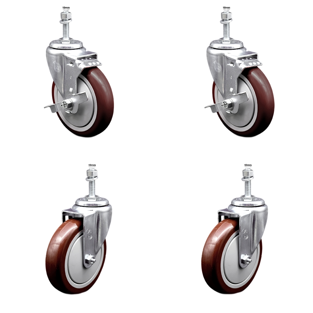 Stainless Steel Polyurethane Swivel Threaded Stem Caster Set of 4 w/5" x 1.25" Maroon Wheels and 10mm Stems - Includes 2 with Top Locking Brake - 1400 lbs Total Capacity - Service Caster Brand — photo 1
