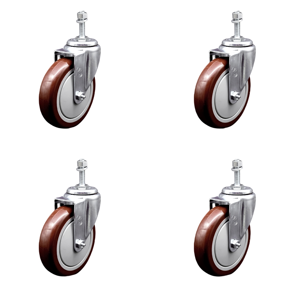 Stainless Steel Polyurethane Swivel Threaded Stem Caster Set of 4 w/5" x 1.25" Maroon Wheels and 10mm Stems - Includes 4 Swivel - 1400 lbs Total Capacity - Service Caster Brand — photo 1
