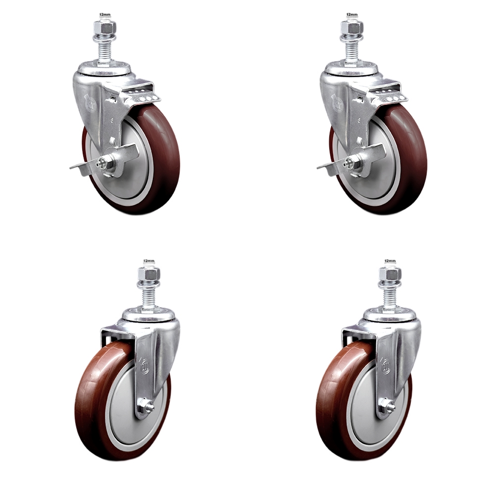 Stainless Steel Polyurethane Swivel Threaded Stem Caster Set of 4 w/5" x 1.25" Maroon Wheels and 12mm Stems - Includes 2 with Top Locking Brake - 1400 lbs Total Capacity - Service Caster Brand — photo 1