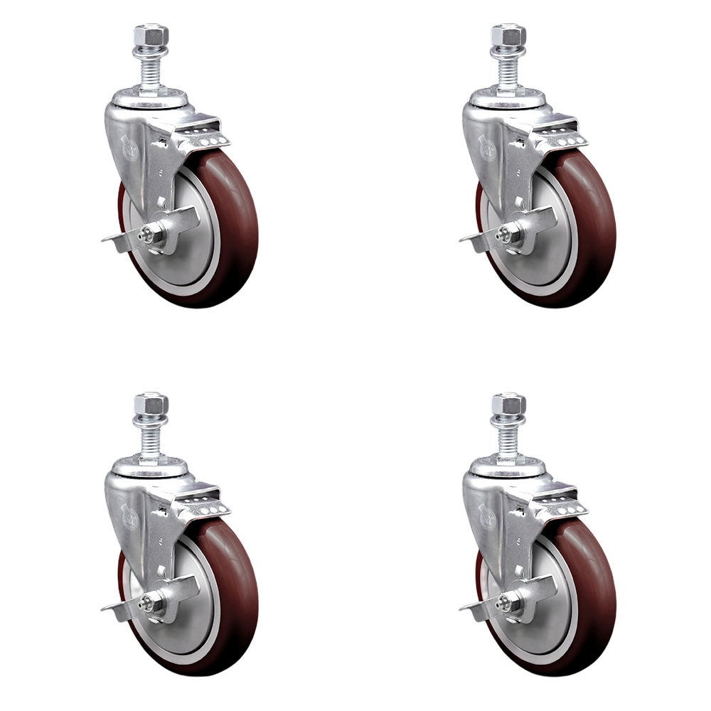 Stainless Steel Polyurethane Swivel Threaded Stem Caster Set of 4 w/5" x 1.25" Maroon Wheels and 1/2" Stems - Includes 4 with Top Lock Brakes - 1400 lbs Total Capacity - Service Caster Brand — photo 1