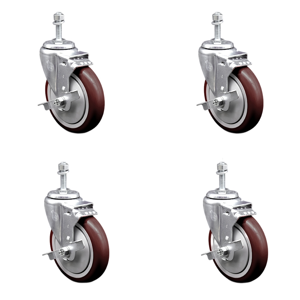 Stainless Steel Polyurethane Swivel Threaded Stem Caster Set of 4 w/5" x 1.25" Maroon Wheels and 3/8" Stems - Includes 4 with Top Lock Brakes - 1400 lbs Total Capacity - Service Caster Brand — photo 1