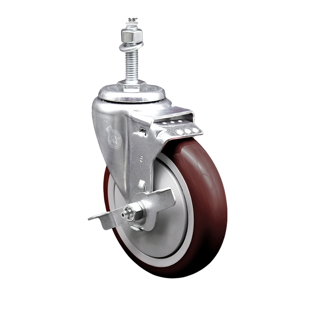 Stainless Steel Polyurethane Swivel Threaded Stem Caster w/5" x 1.25"  Maroon Wheel and 3/8" Stem & Top Locking Brake - 350 lbs Capacity/Caster - Service Caster Brand — photo 1