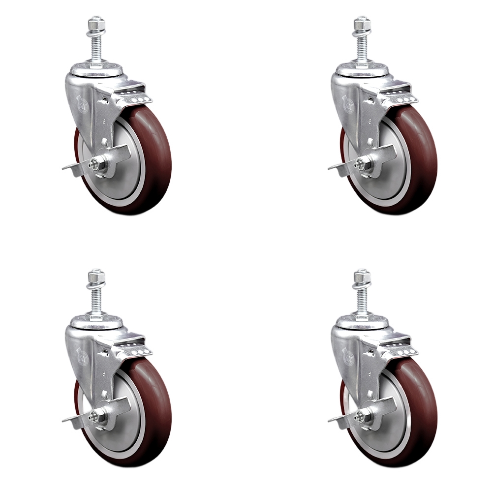 Stainless Steel Polyurethane Swivel Threaded Stem Caster Set of 4 w/5" x 1.25" Maroon Wheels and 10mm Stems - Includes 4 with Top Lock Brakes - 1400 lbs Total Capacity - Service Caster Brand — photo 1