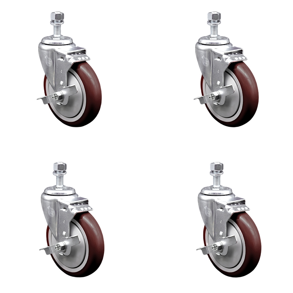Stainless Steel Polyurethane Swivel Threaded Stem Caster Set of 4 w/5" x 1.25" Maroon Wheels and 12mm Stems - Includes 4 with Top Lock Brakes - 1400 lbs Total Capacity - Service Caster Brand — photo 1